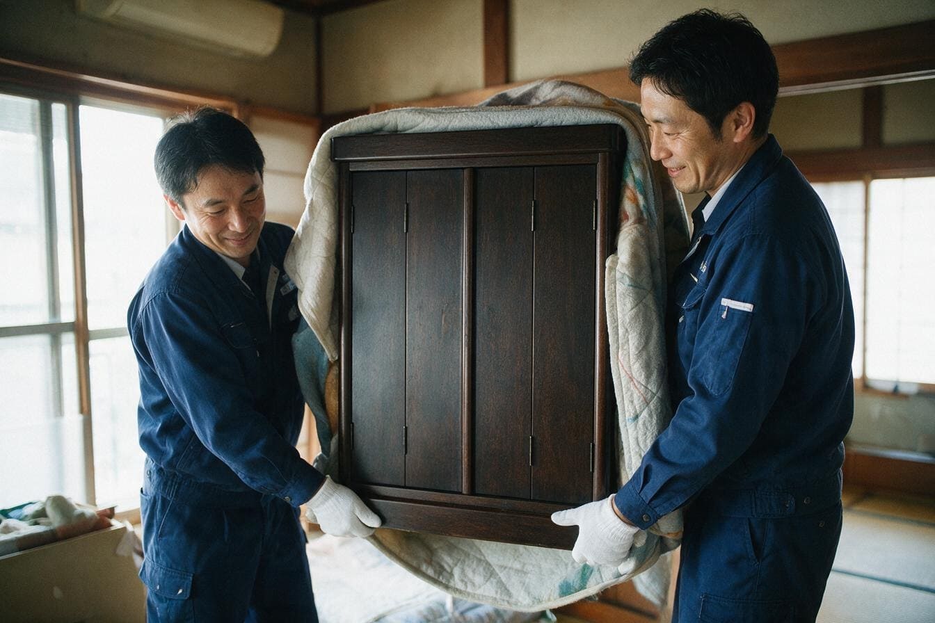 扉を閉じたお仏壇を二人がかりで丁寧に搬出する一休堂スタッフ