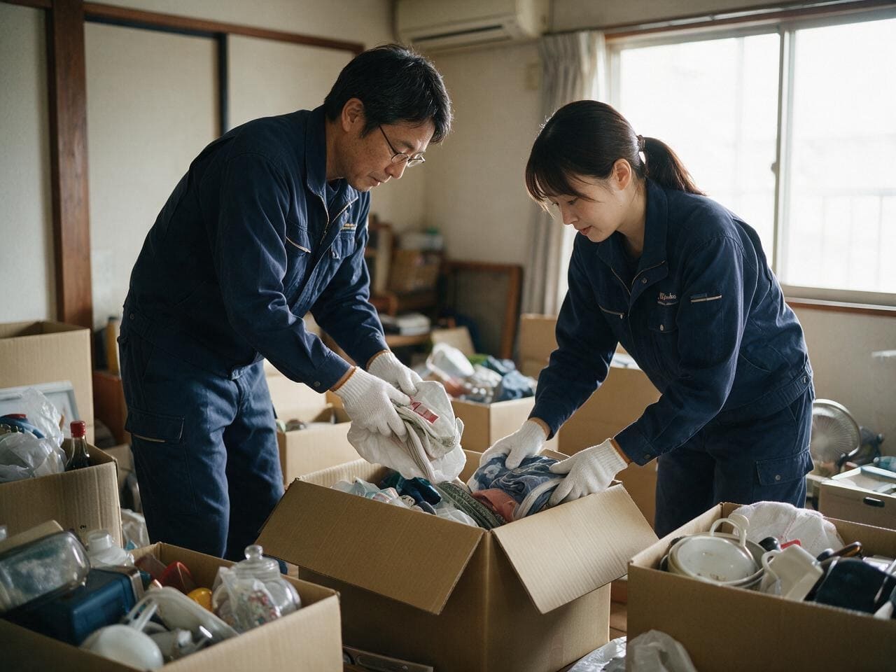 遺品整理で荷物を丁寧に仕分けするスタッフ2名