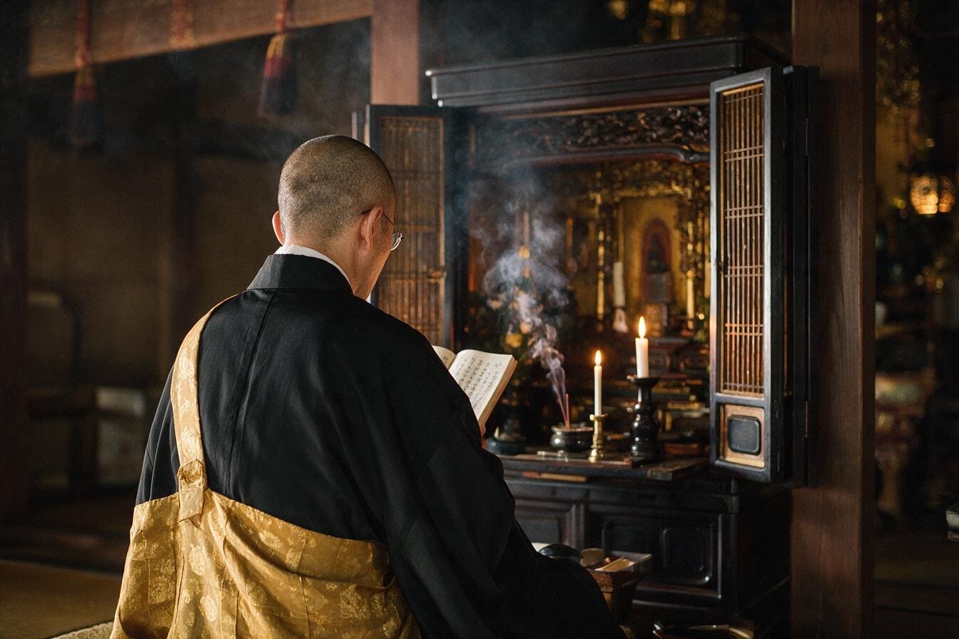 提携寺院の僧侶がお仏壇の前で読経する閉眼供養の様子