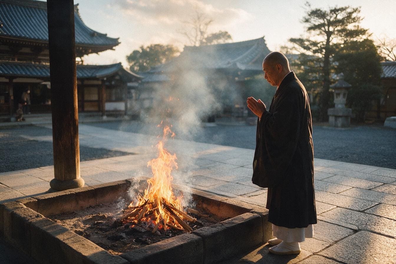 僧侶が合掌し見守る中での丁寧なお焚き上げ供養の風景